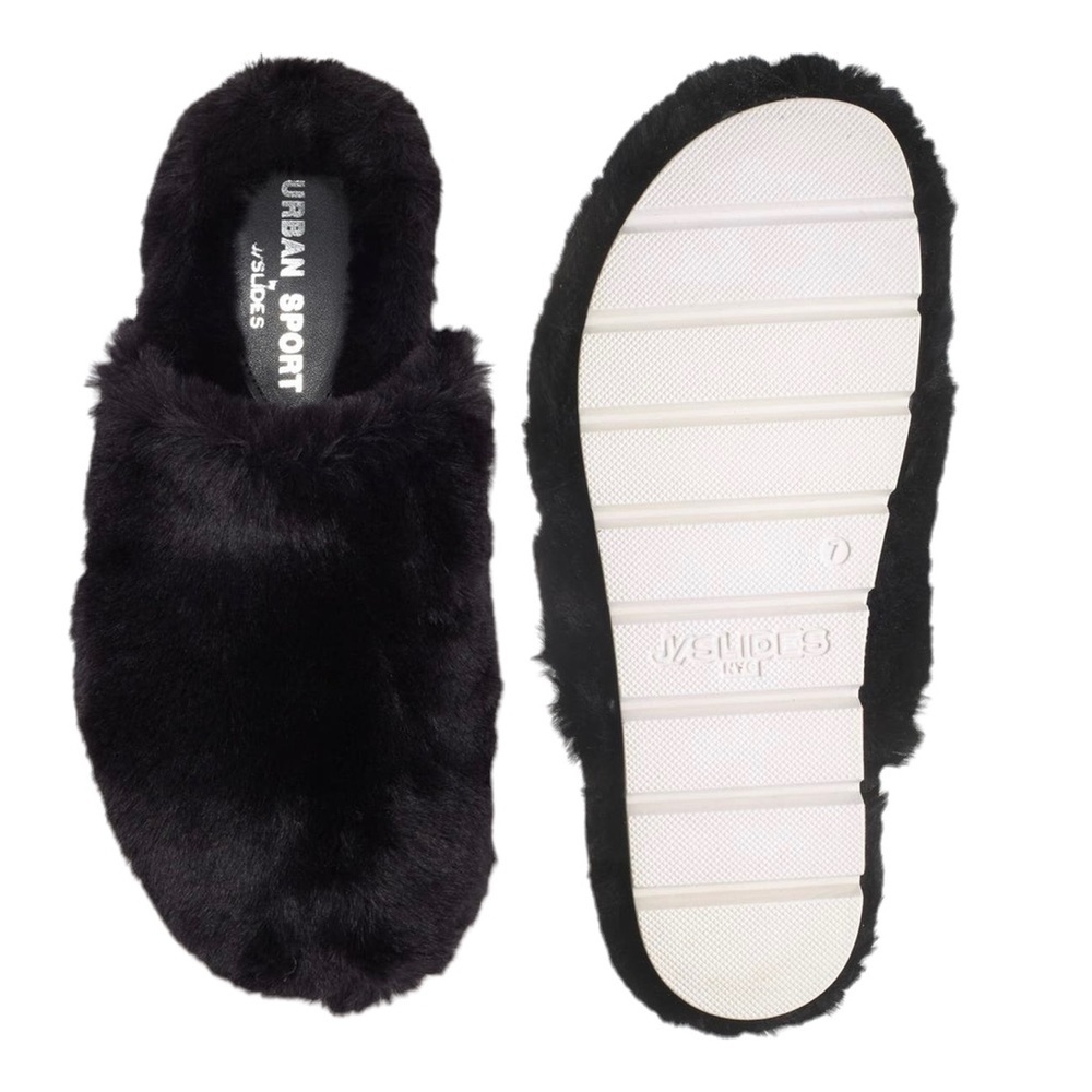 URBAN SPORT BY J/SLIDES SCARLETT BLACK FAUX FUR SLIPPERS SZ 7 - NIB!